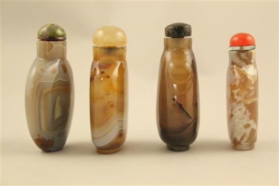 Four Chinese agate and chalcedony snuff bottles, 1850-1950, 5.1 - 5.7cm